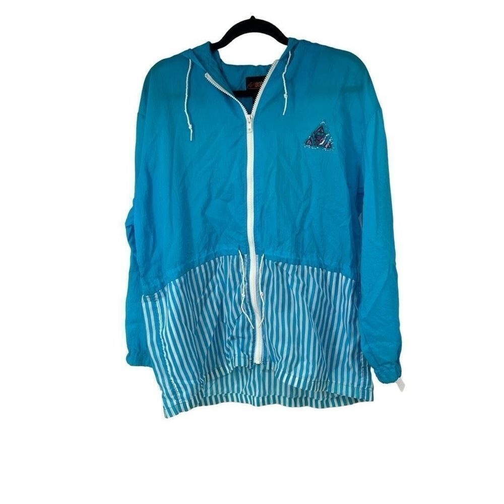 90s‎ Turquoise Blue & White Hooded Zip Up 100% Nylon Windbreaker Unisex M